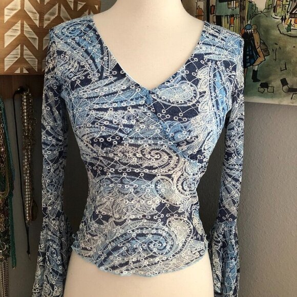 Vintage Y2K Blue Paisley Baby Doll Top - Flare Bell Sleeve Fairy Core Coquette - Picture 2 of 10